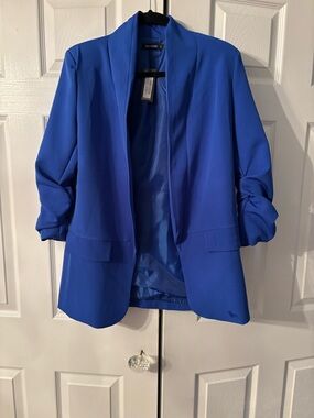 Boohoo Cobalt Open-Front Blazer with Ruched Sleeves